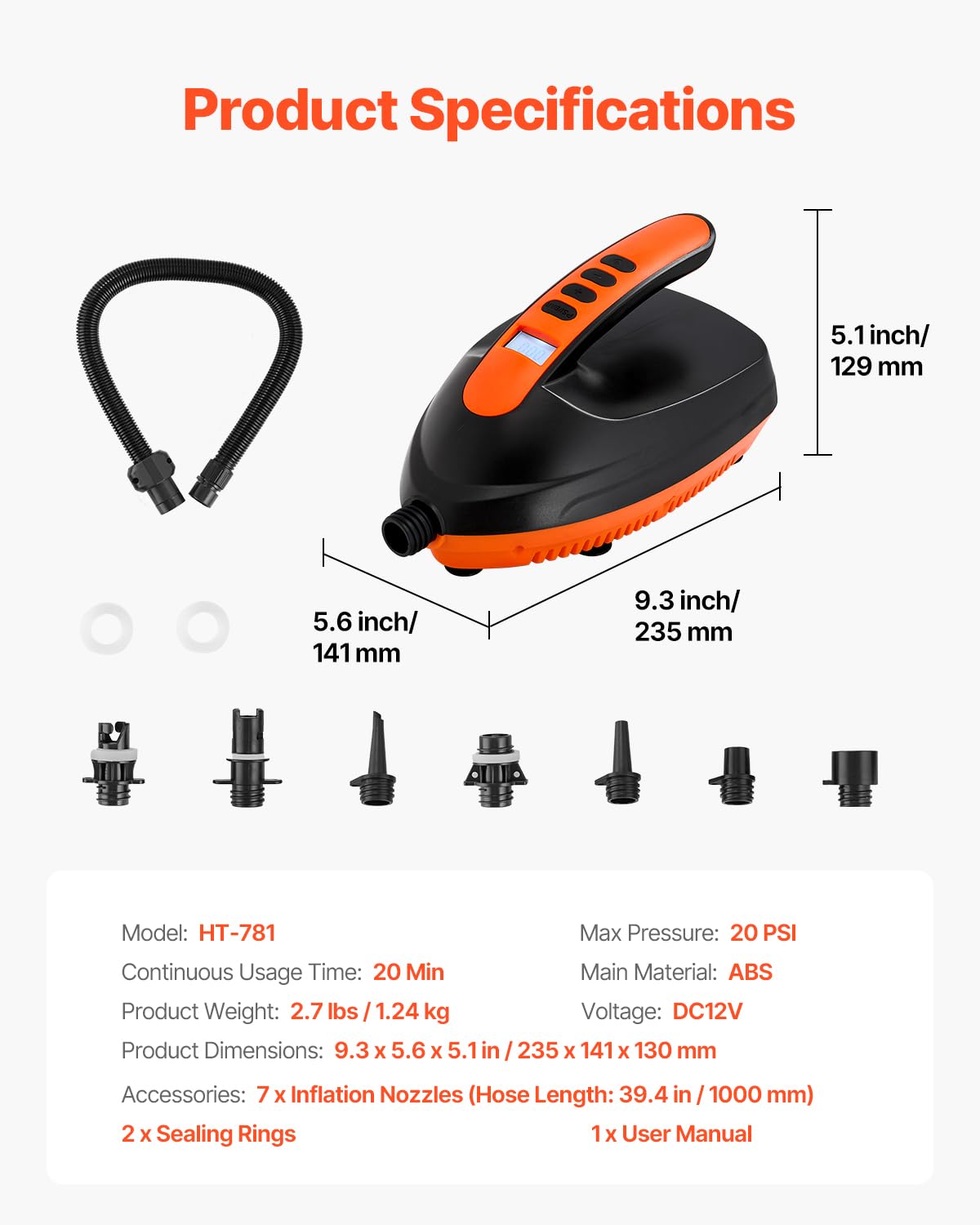 VEVOR Pompe à Air pour Paddle Haute Pression 20 psi, Gonfleur pour Sup avec Connecteur Allume-Cigare et Arrêt Automatique, Vitesse de Gonflage 70 L/mins, pour Bateau Gonflable Kayak Matelas Tente