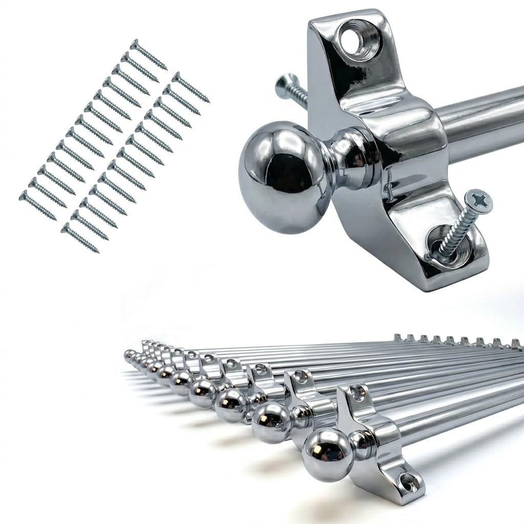 Stair Carpet Rod 70cm, Satin Chrome Runner Bar with Round Finial, Decorative Metal Rod for Staircase Runners, Includes Bracket & Fixings (1 x Single Rod)