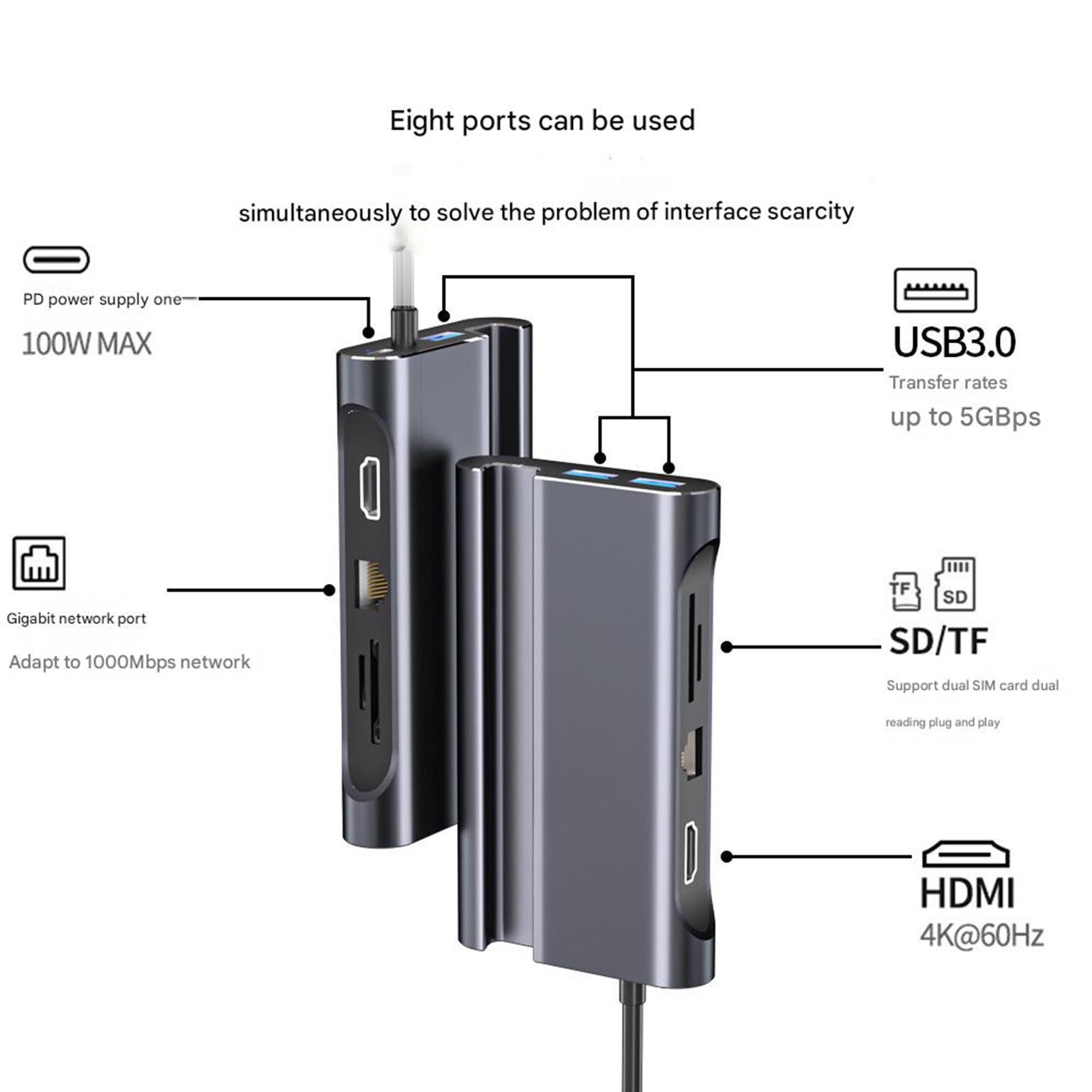 Stacja dokująca USB 3.0 do telefonu komórkowego typu C, stacja dokująca 8 w 1, stacja dokująca do laptopów z trzema wyświetlaczami, adapter kompatybilny z HP, Dell, stacja dokująca USB