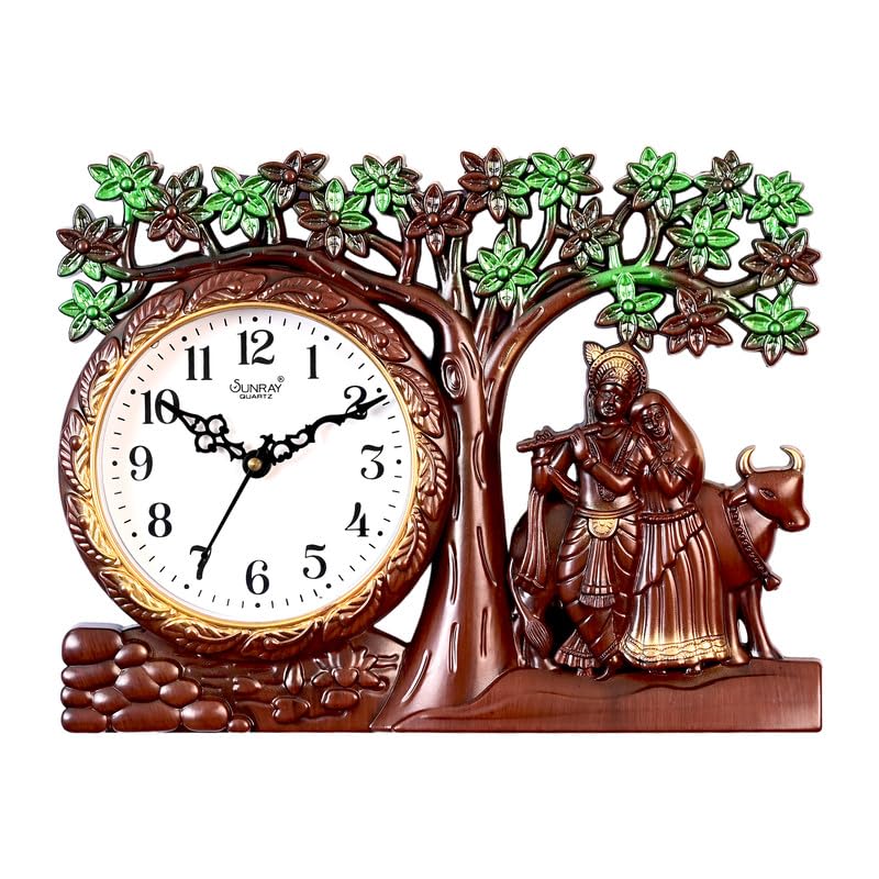 Image of Radhe Krishna Wall Clock - Spiritual Analog Clock with Cows Under Tree | Decorative Clock for Home, Temple, and Gift | 5111 Mini Design in Plastic & Glass | with Surprise Gift
