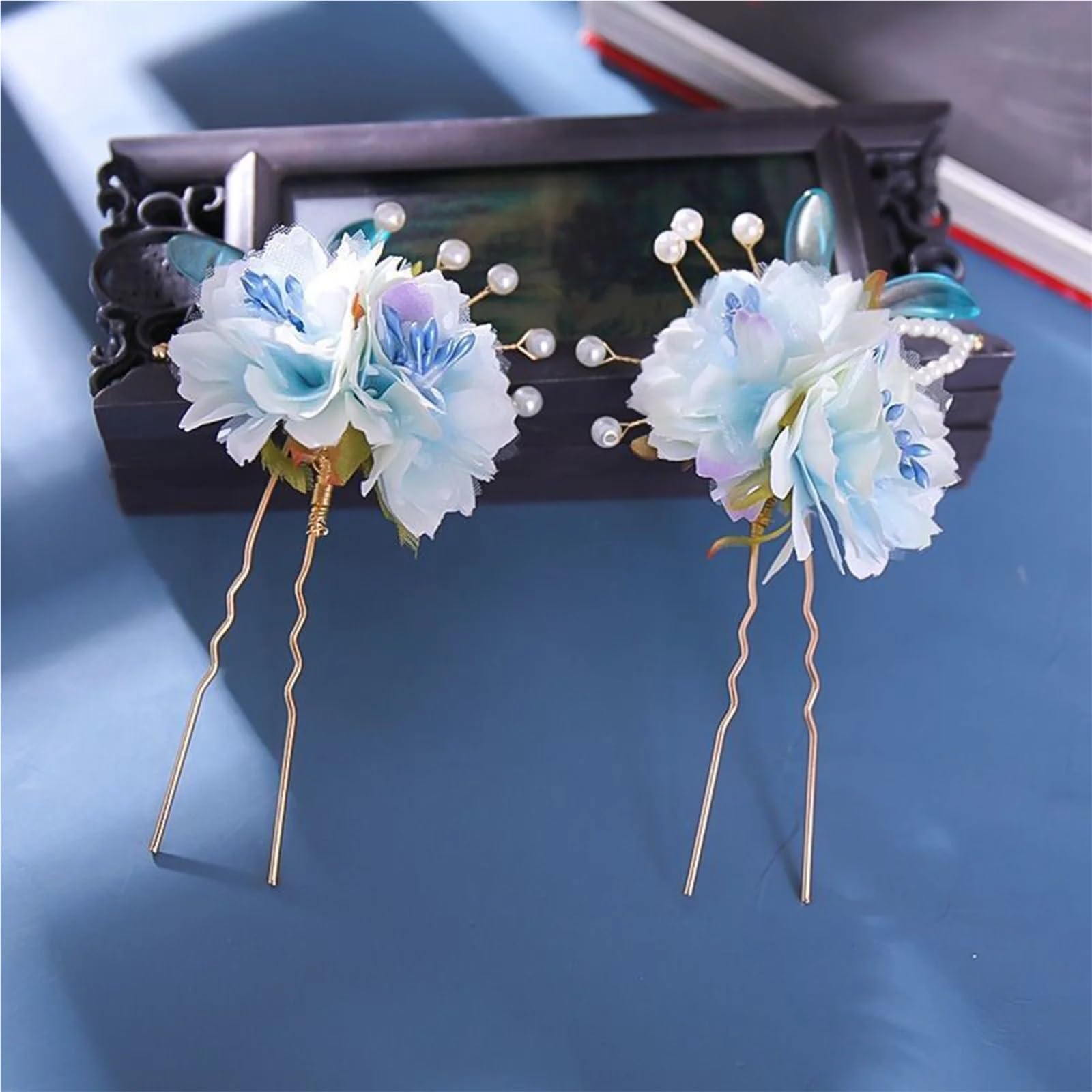 Bacchette per capelli Forcine for capelli a forma di U con fiori blu, fermagli for cinesi retrò, perle, nappe, gioielli for da donna, abito Hanfu per Donne