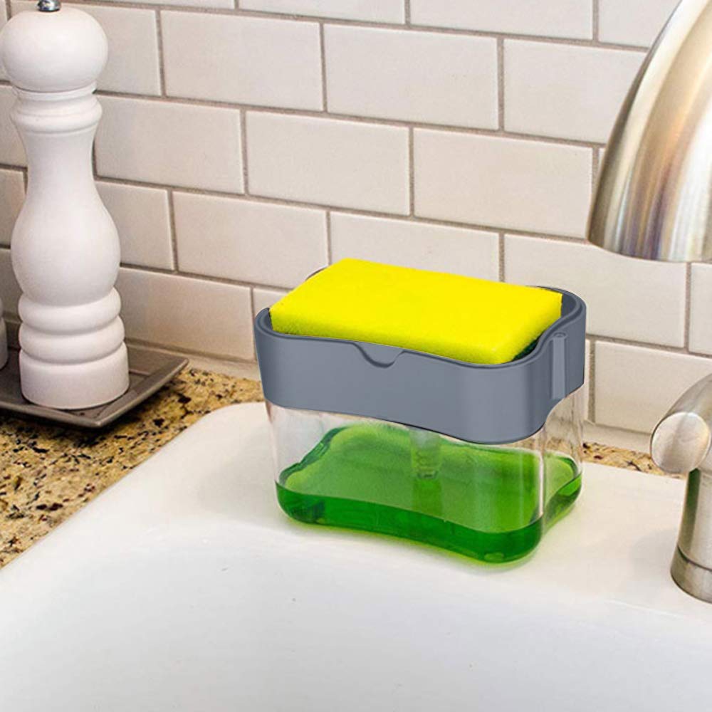 Dispensador de jabón con depósito de Esponja para Cocina, 2 en 1, Manual, de rción