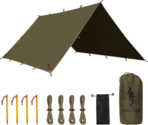 Miniatura 10 de FREE SOLDIER Lona portátil impermeable multifuncional para acampar al aire libre, toldo de viaje, lona para mochileros, lona de lluvia (marrón