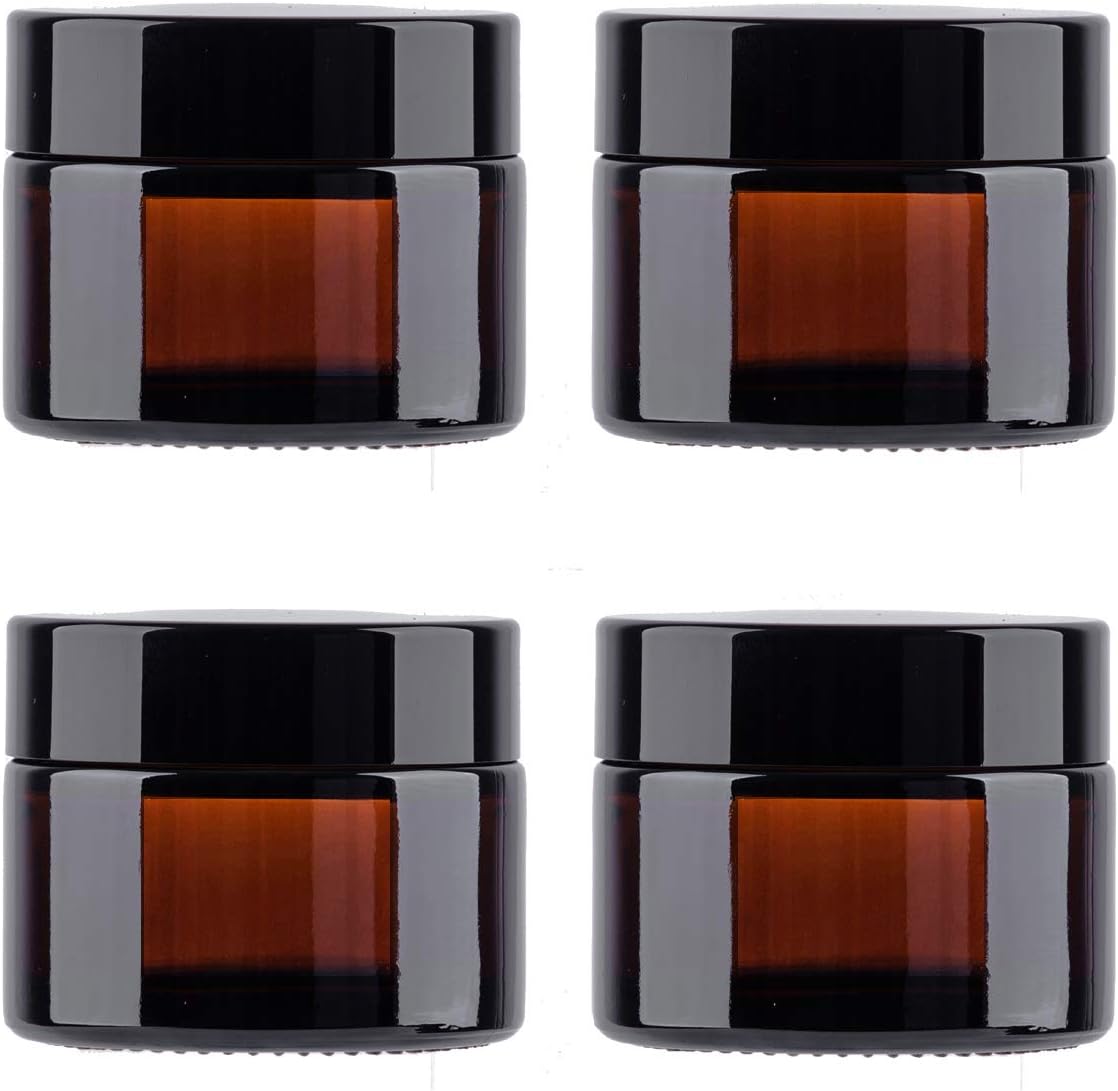 SNOW DIAMOND 30Ml/1 Oz, 4 Pack: 1 Oz 30Ml 4 Pack Snow Diamond Empty Amber Round Glass Jars, with White Inner Liners and Black Lids, High End Glass Containers for Salve Cream, Premium Vials (3