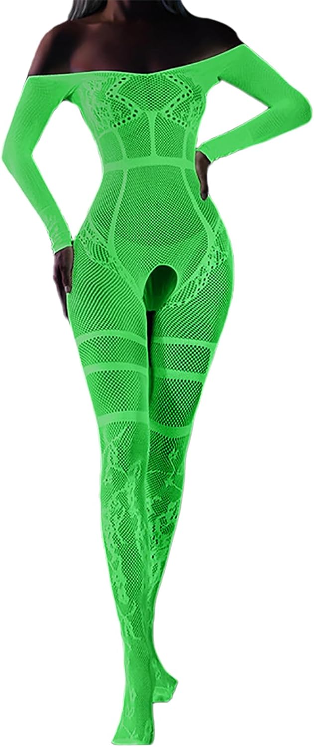 DTWAWA Glow in the Dark Sexy Exotic Lingerie Bodystockings, Fishnet Crotchless Bodysuit Nightwear for Womens