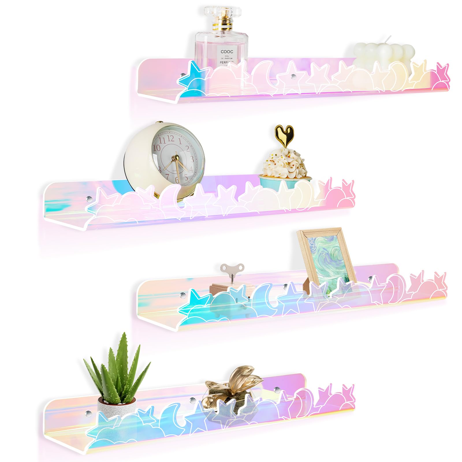 4 PCS Acrylic Floating Wall Shelves 40×9cm Waterproof Storage Display Rack — image 1