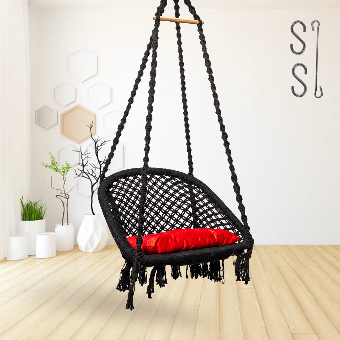Curio Centre Make in India Premium D Shape Cotton Home Swing Chair & Hammock with Square Shape Cushion and Accessories (Black)-picture-19