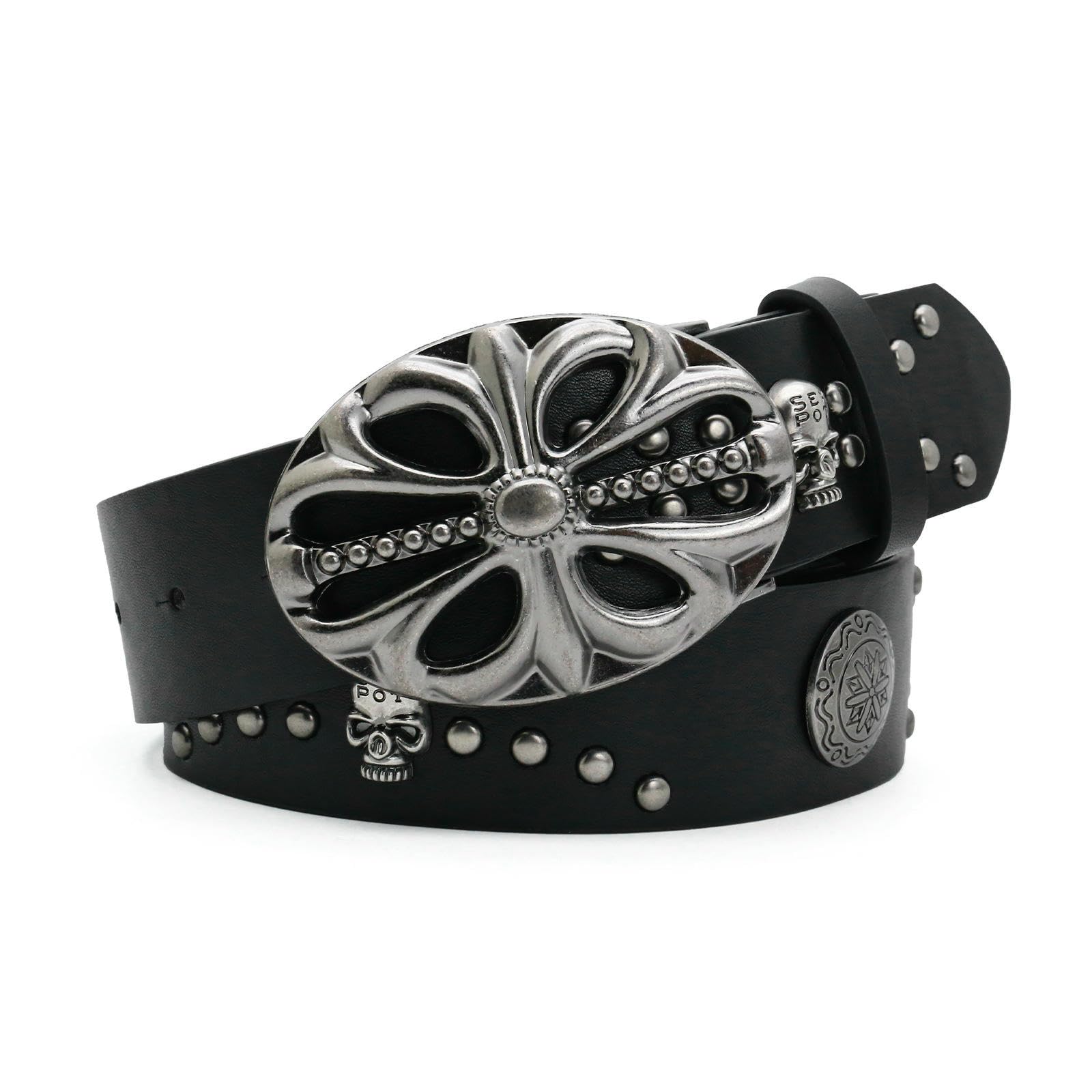 Gyios Belt Bohemian Style Men's And Women's Belts Retro Western Cowboy Punk Skull Rivet Belts-black-110cm