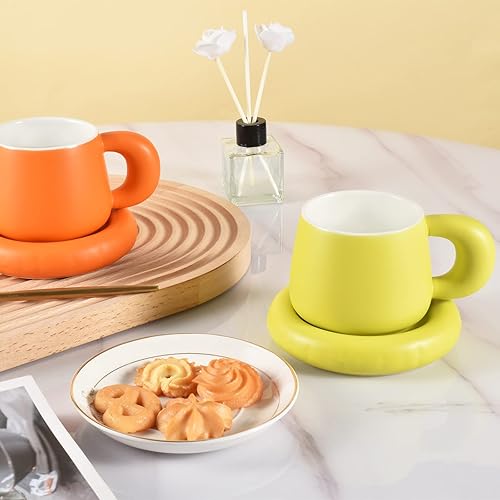 Miniatura 6 de Koythin Taza de café de cerámica con platillo, bonita taza creativa para el vientre con diseño de mango grueso para la oficina y el hogar, 8.5 oz8.5