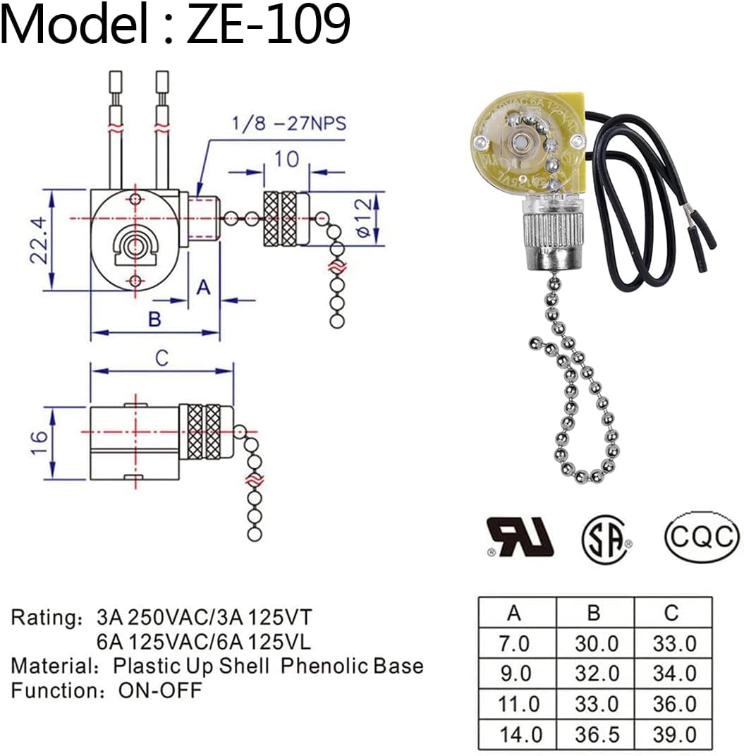 Ceiling Fan Switch Zing Ear ZE-109,Two-Wire Light On-Off with Pull Chain Cords Compatible with Hunter Ceiling Fans Lights Lamps and Wall Lights, Nickel Replacement 1 Pack