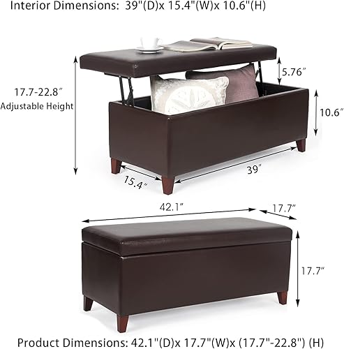 Miniatura 122 de Adeco Otomana de almacenamiento, banco tapizado rectangular de piel sintética con patas de madera, reposapiés, mesa de café para sala de estar,