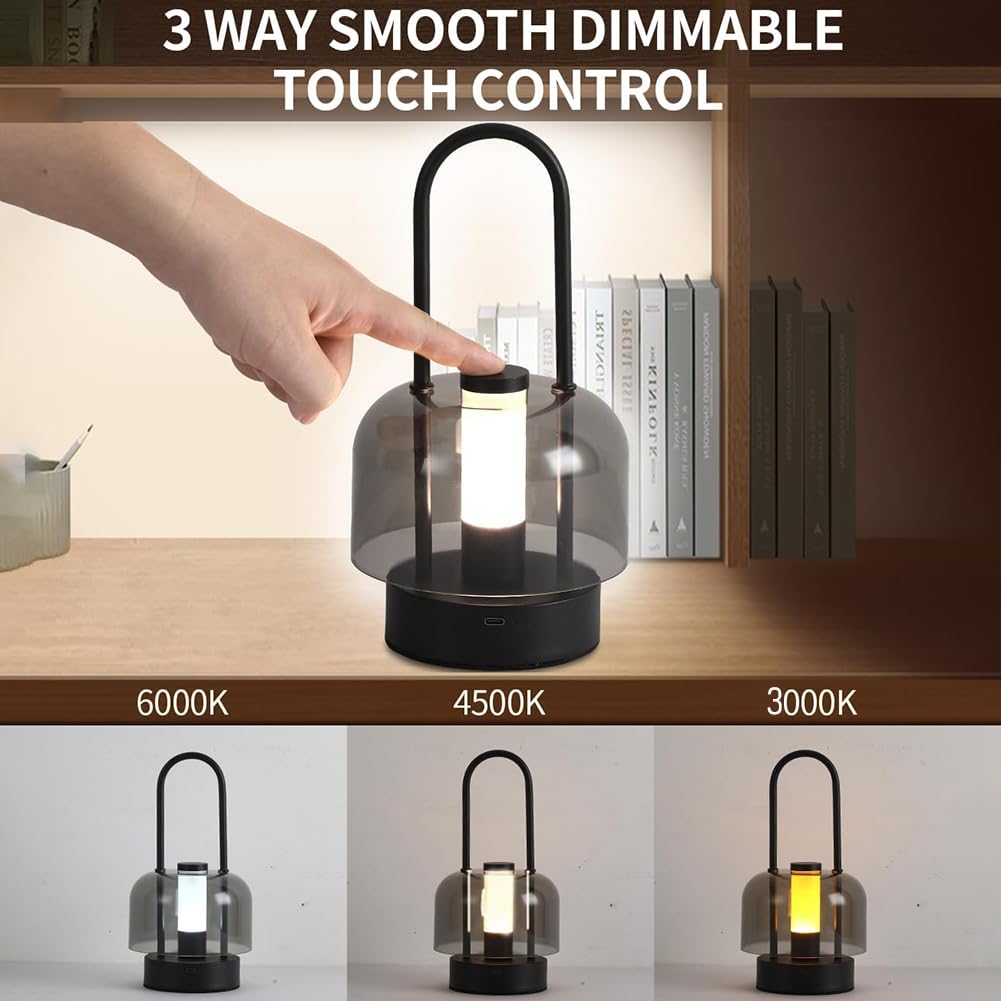 Lampa Stołowa LED Akumulatorowa Bezprzewodowa Touch Z regulacją jasności Czarna, Lampa Nocna 3 Temperatury Barwowe Ładowana Przez USB Zasilana Bateryjnie Lampka Kempingowa Do Użytku Wewnątrz
