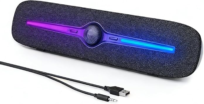 SOULION Computer Speakers for Desktop, USB Powered Bluetooth PC Speaker with LED Light, 3.5mm Aux Soundbar with Rotary Volume Control Button for Laptop Monitor Office Music Game Gray