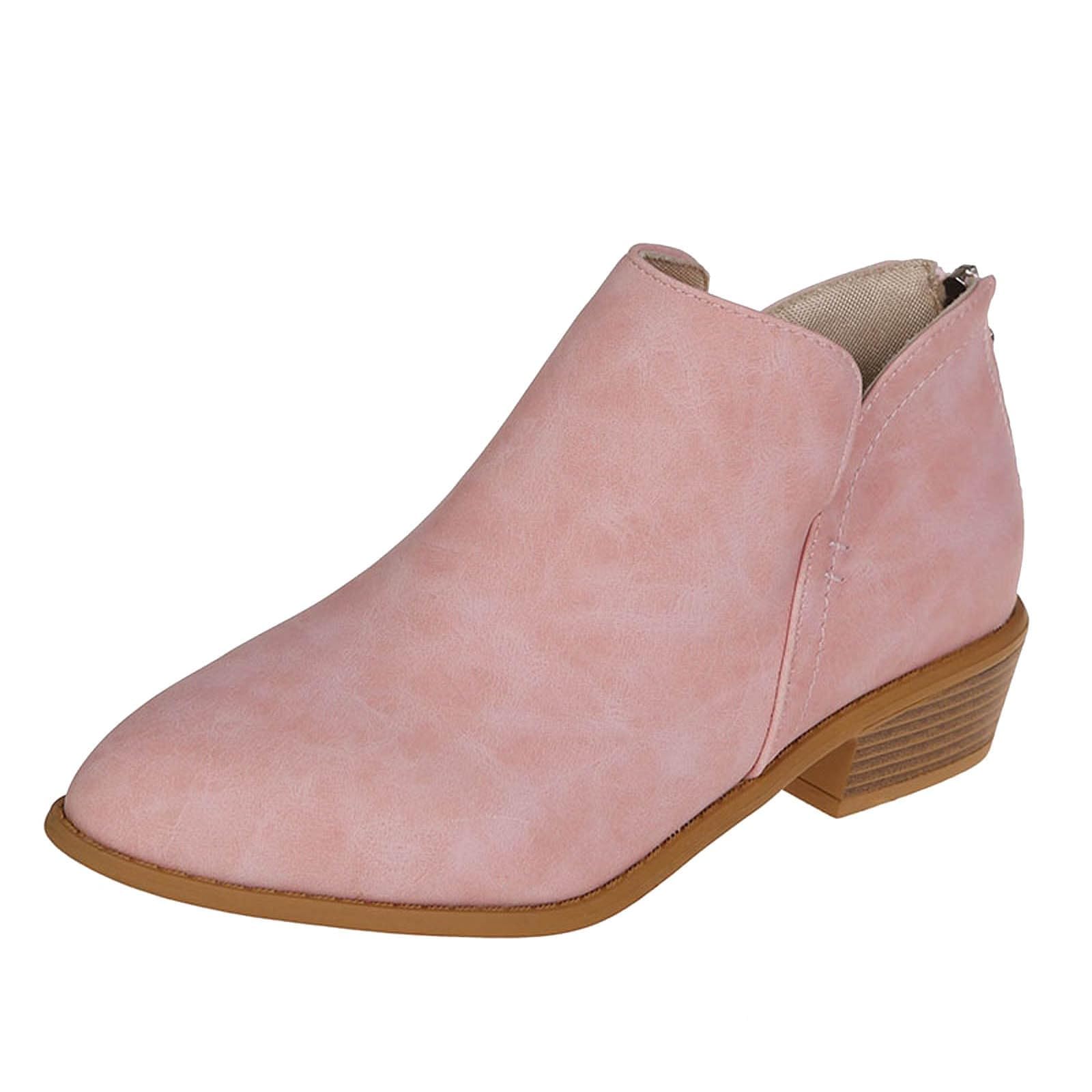 Ankle Booties for Women V Cutout Pointed Toe Chunky Stacked Heel Booties Side Way Low Heel Pull On