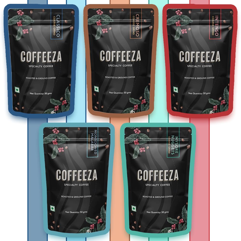 Coffeeza Ground Coffee Coarse Grind Sampler Pack | Tasters Collection of 5 Pack | 50gmx5 - intenso, Classico, Cremoso, Mysore Nuggets and Monsooned Malabar| Suitable for French Press & Cold Brew (B0D47H3WMV) Amazon Price History, Amazon Price Tracker