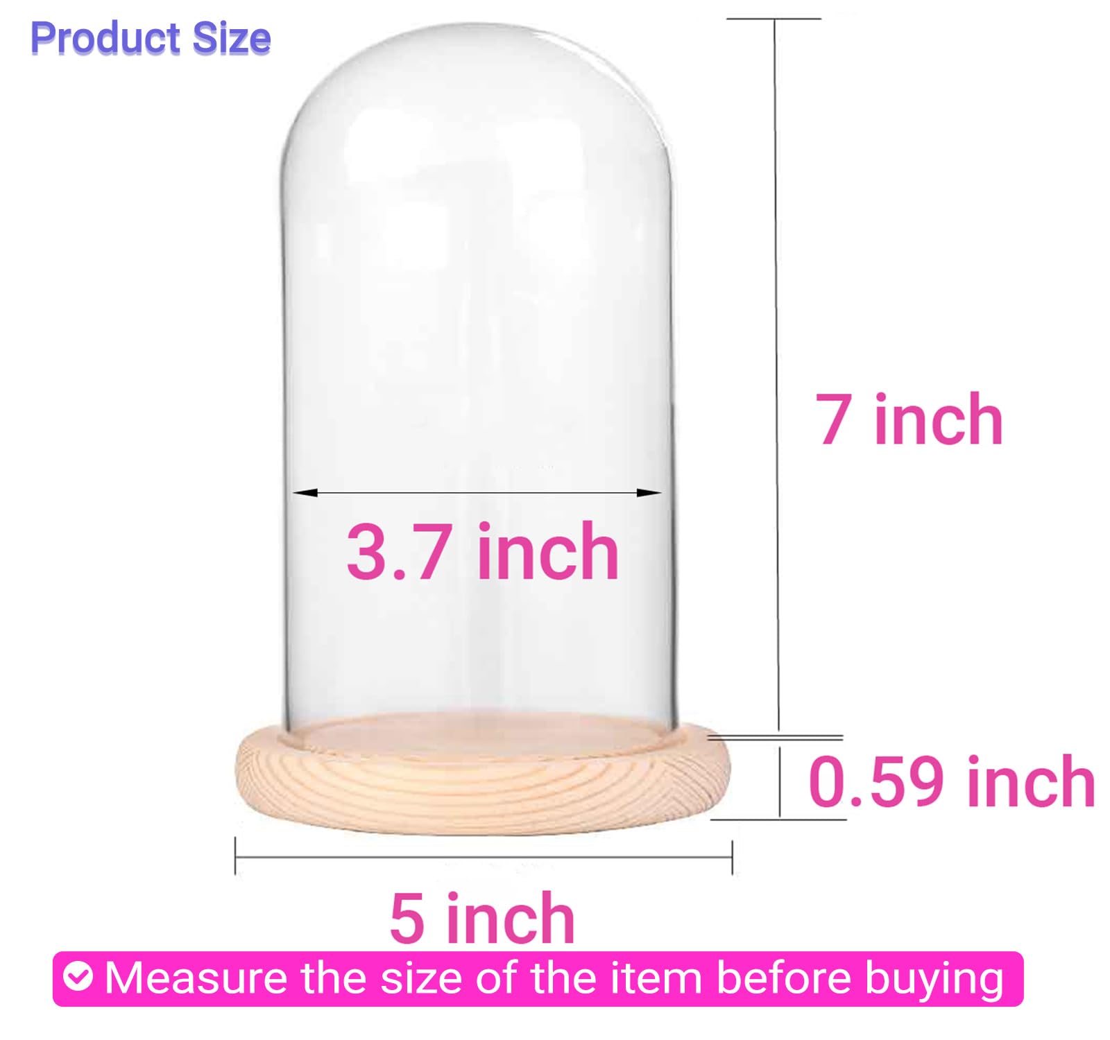 IVOLADOR I Glass Cloche Dome, Glass Display Cloche Case with Solid Wooden Base for Plants, 7" x 4" Medals Display, Antique Collectibles, Large Size Office Home Decoration( Base)