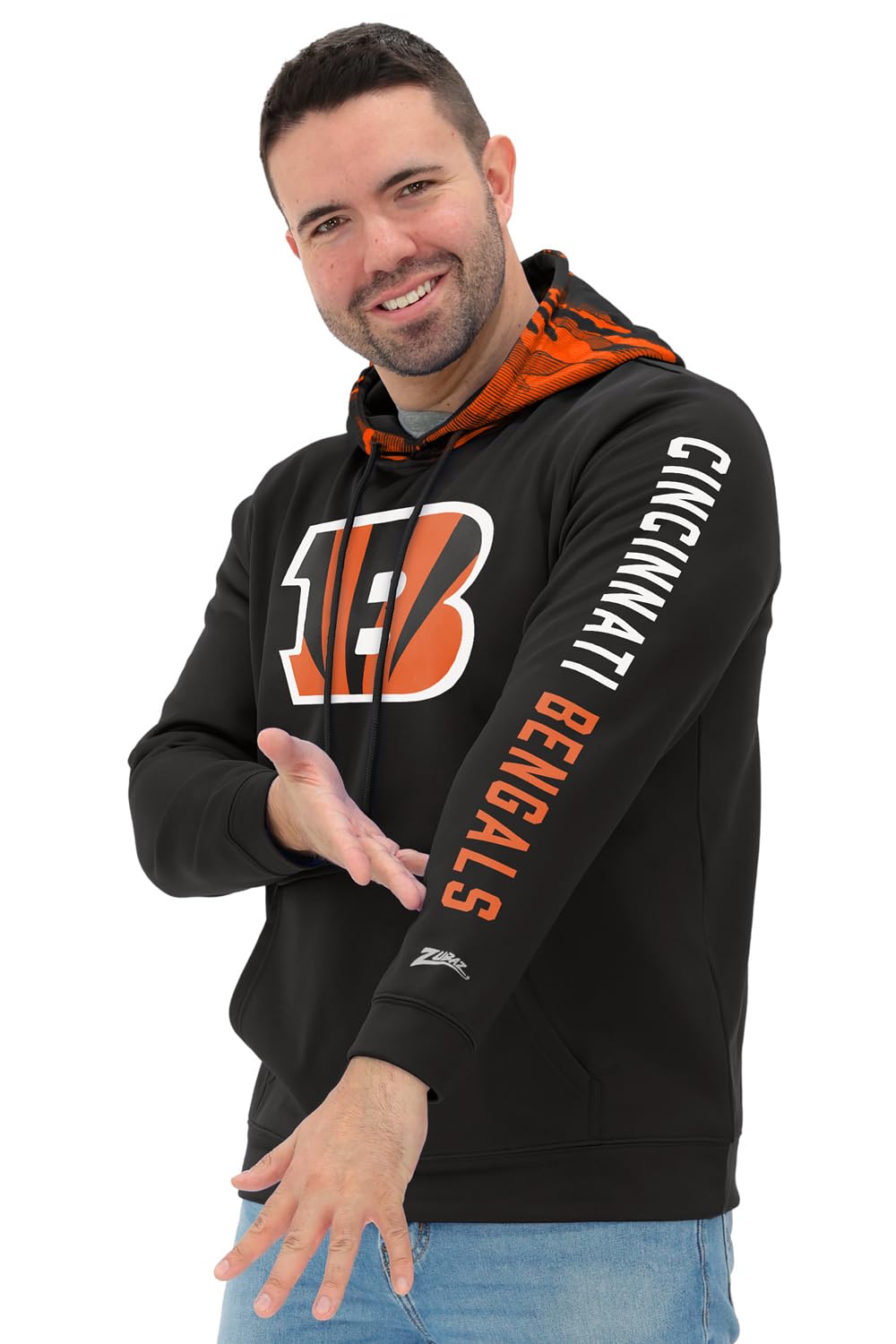 Zubaz NFL Football Men's Solid Team Hoodie with Camo Lined Hood and Sleeve Graphic