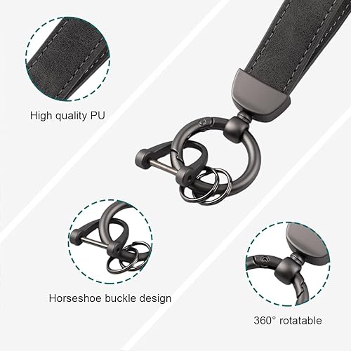 Miniatura 9 de Kewucn Llavero de cuero genuino para automóvil, soporte universal de metal resistente con anillo en D antipérdida para hombres y mujeres