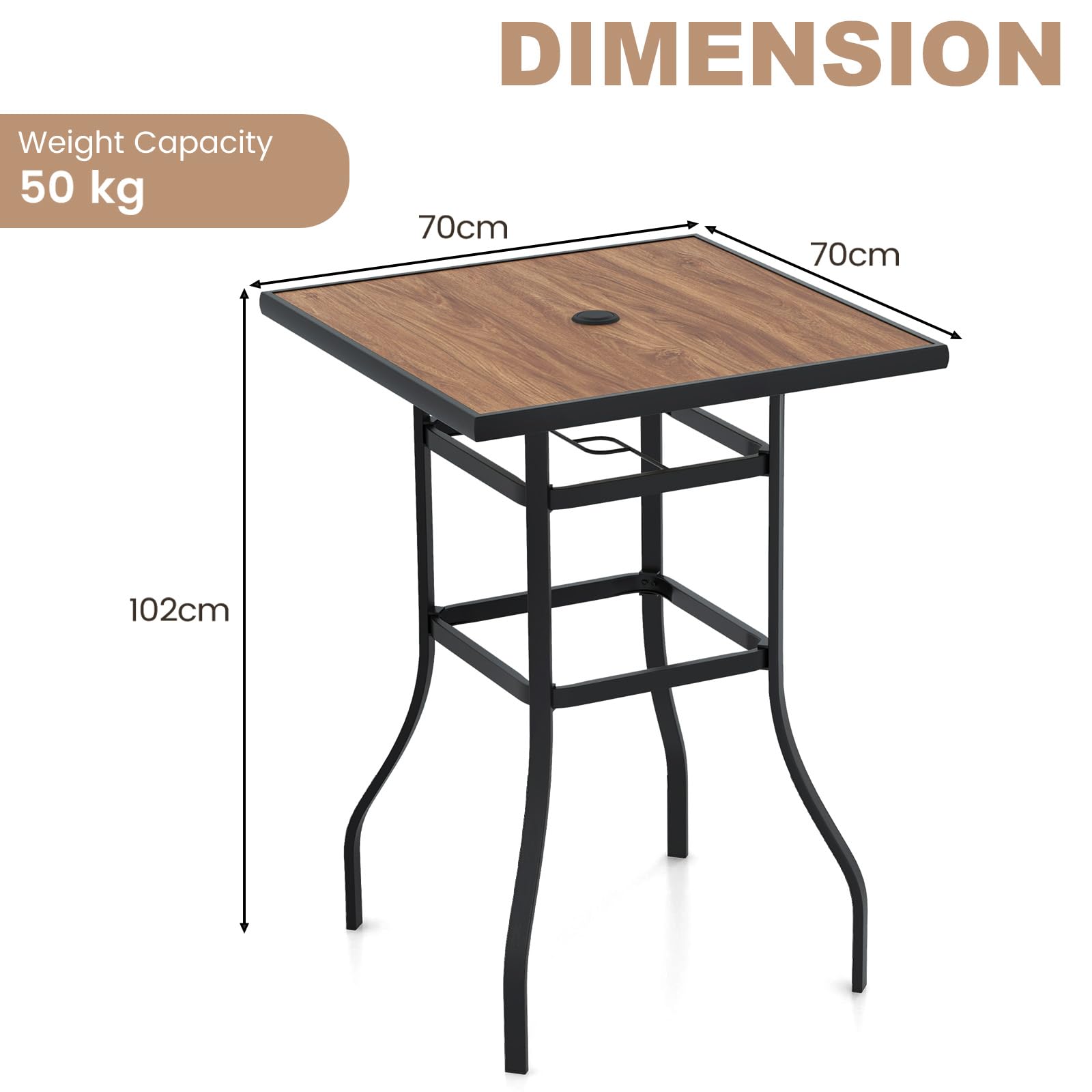 KOMFOTTEU Gartentisch mit Schirmloch, Bistrotisch quadratisch 70 x 70 x 102 cm, Bartisch aus Metall, Stehtisch Balkontisch für Bistro, Garten, Hof