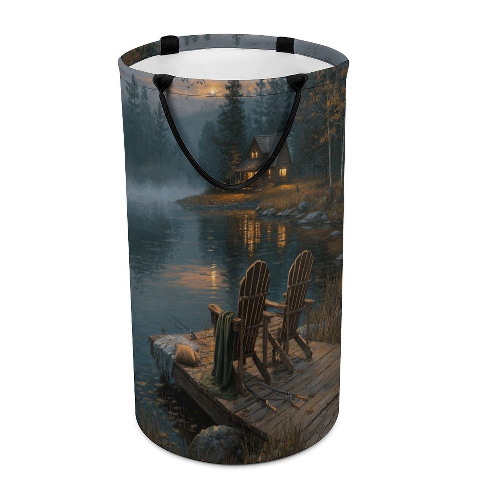 LUYYSKY Retro Realistic Fishing Theme Collapsible Dirty Clothes Basket, Mid Century Classic Sunset Lanscape Lake Cabin Pattern Portable Clothes Storage Basket