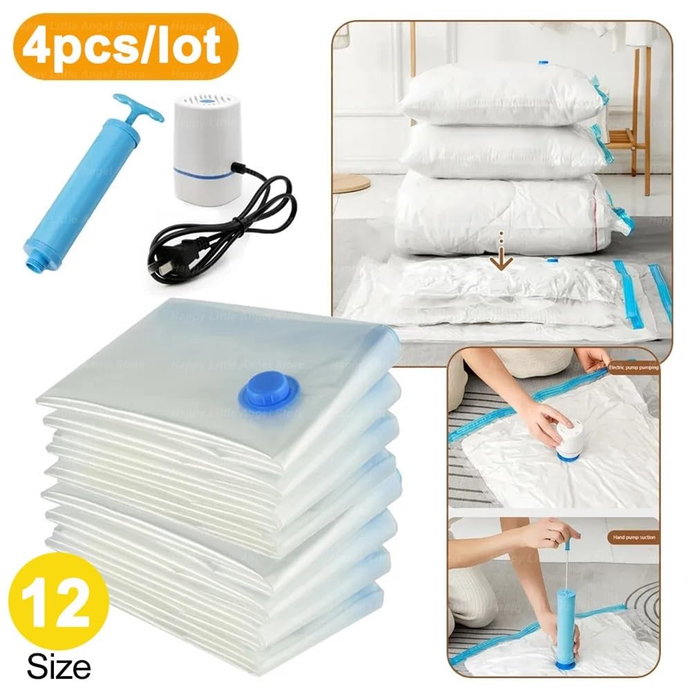 Wiederverwendbare Vakuumbeutel mit Pumpe, transparent, komprimiert, platzsparend, Vakuumbeutel for Kleidung, großer Reisebehälter(4PCs Bags-Set(A),130X100CM)
