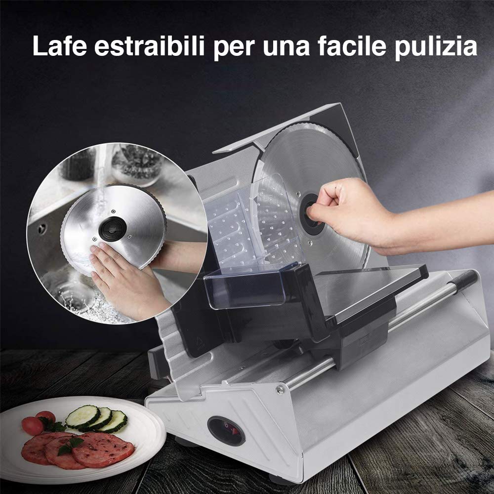 Bakaji Affettatrice Elettrica Professionale 160W con Doppia Lama Seghettata in Acciaio Inox 22cm Intercambiabile Spessore Taglio Regolabile Carrello Dentato per Salumi Carne Frutta e Verdura