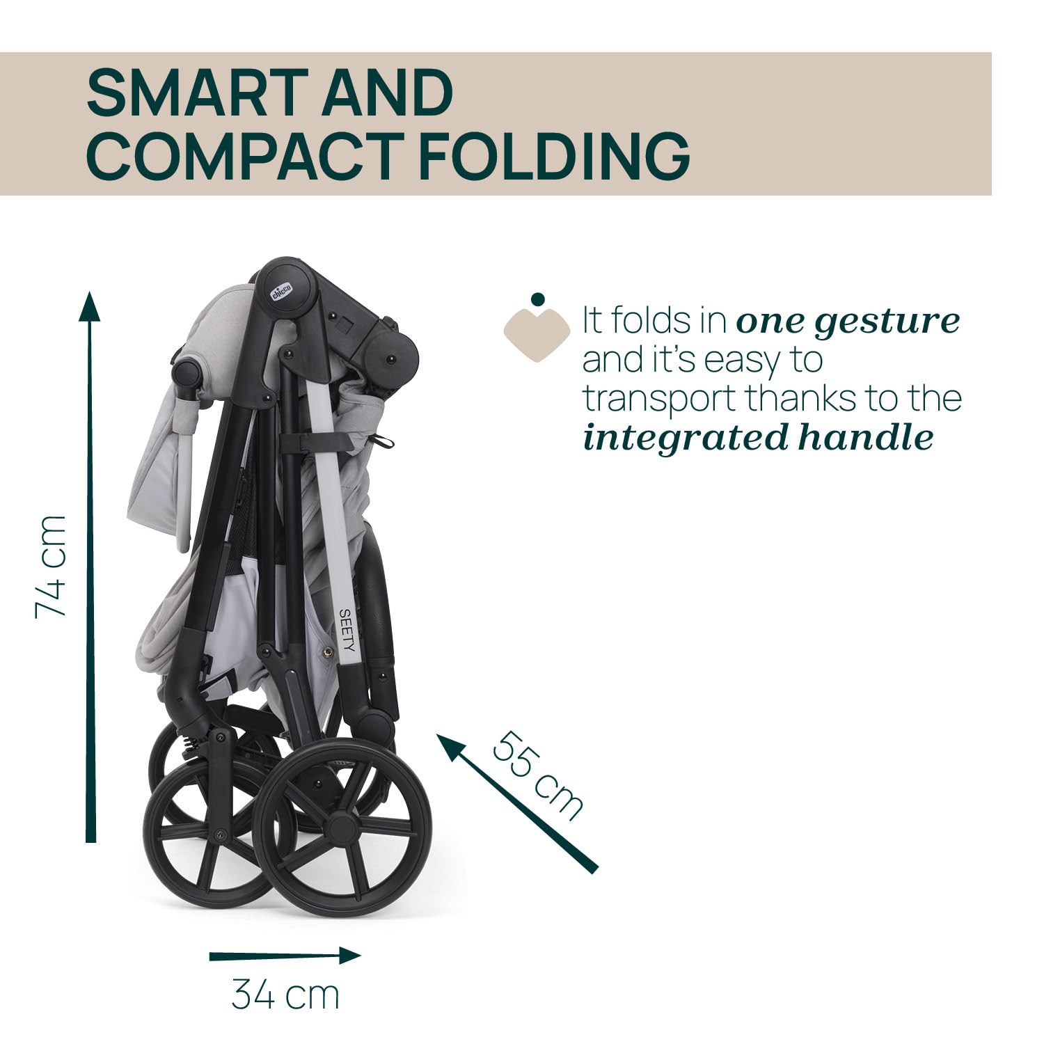 Chicco Cochecito Seety, Cochecito Ligero y Compacto De 0 Meses a 4 Años, Capacidad Máxima 22 kg, Cochecito Plegable,Respaldo Reclinable,Cierre Automático con 1 Movimiento, Capota Parasol y Cubrelluvia