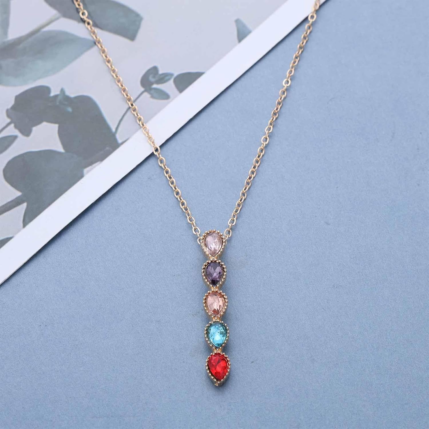 Boho Colorful Teardrop Gemstone Necklace Gold Cz Waterdrop Necklaces Rainbow Crystal Bar Necklace Rhinestone Teardrop Necklaces Jewelry for Women - Image 6
