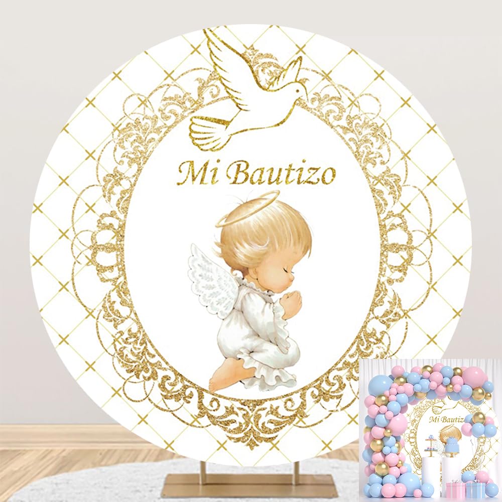 Leowefowa 7.2x7.2ft Polyester Mi Bautizo Backdrop Little Angel First Holy Communion White Background Baptism Christening Circle Round Backdrop Stand