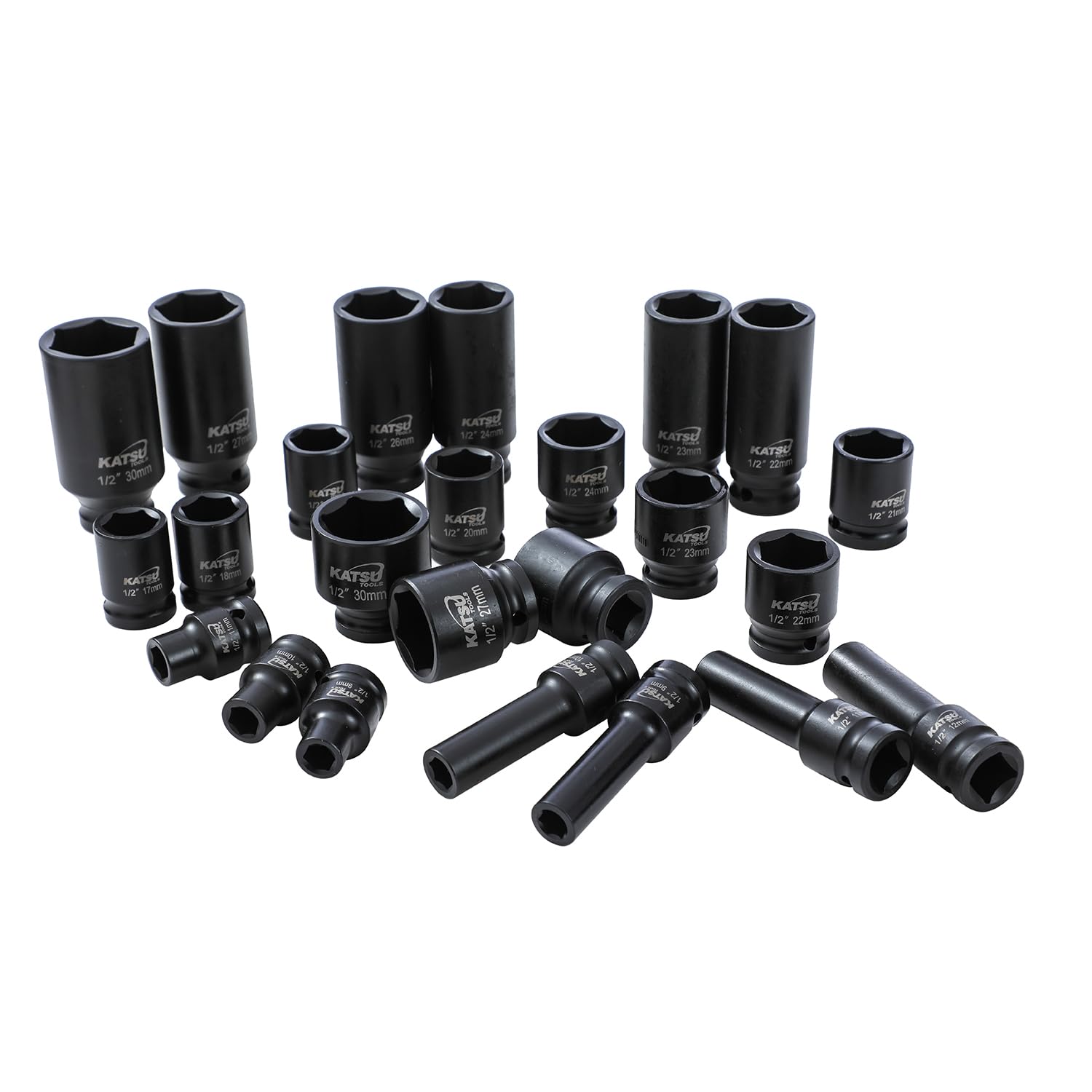 KATSU Tools Zestaw 43 szt. wytrzymałych nasadek udarowych 1/5.1 cm Napęd 6-punktowy 9-30 mm metryczny standardowy/głęboki zestaw nasadek udarowych, stal stopowa chromowo-wanadowa, narzędzie