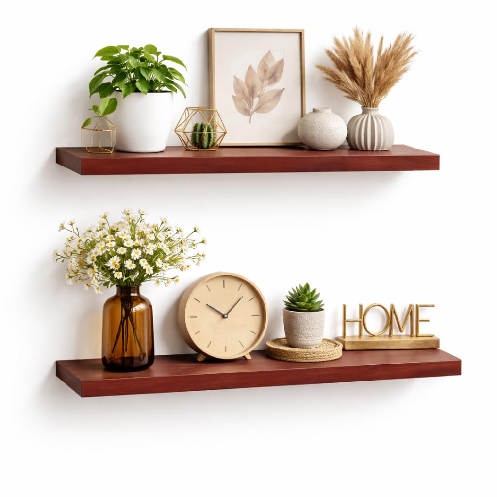Premium Wood Floating Shelves Set of 2-50cm Wall Mounted Storage Display Racks for Living Room & Bedroom, Sturdy Wood Shelves for Home Decor, Easy Install, Rich Polish Finish, Brown-image-30