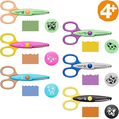 Miniatura 3 de Fiskars 1003730 - Tijeras de decoración infantil, 6 piezas, incluye bolsa de almacenamiento, longitud 5.1 in, para usuarios diestros y zurdos, a