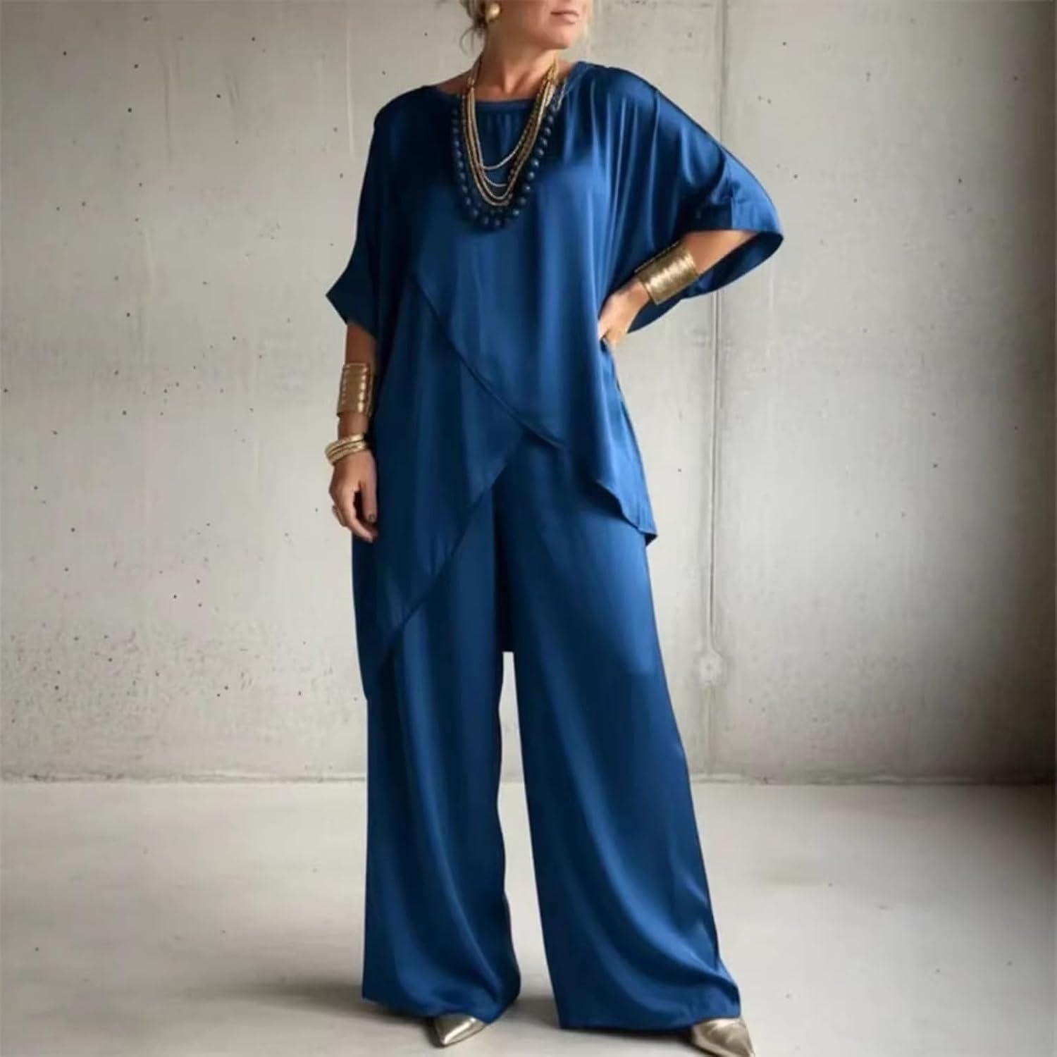 Women's Satin Round Neck Top with Asymmetric Hem and Pants Set