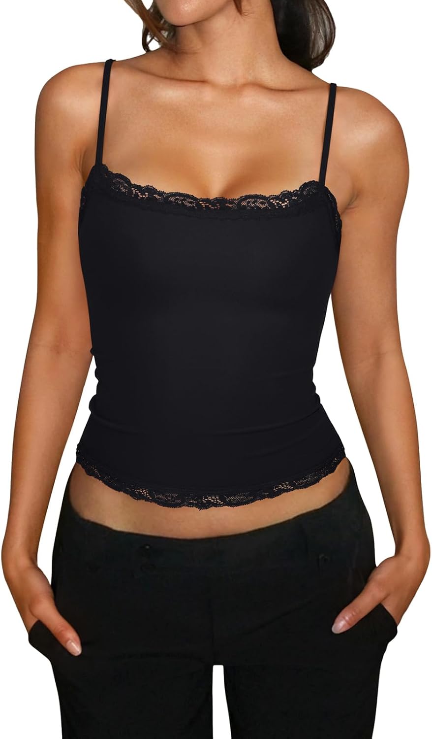 PINKMSTYLE Women's Sexy Square Neck Lace Cami Tank Tops Fitted Double Lined Sleeveless Crop Spaghetti Strap Summer Y2k Tops - Image 3