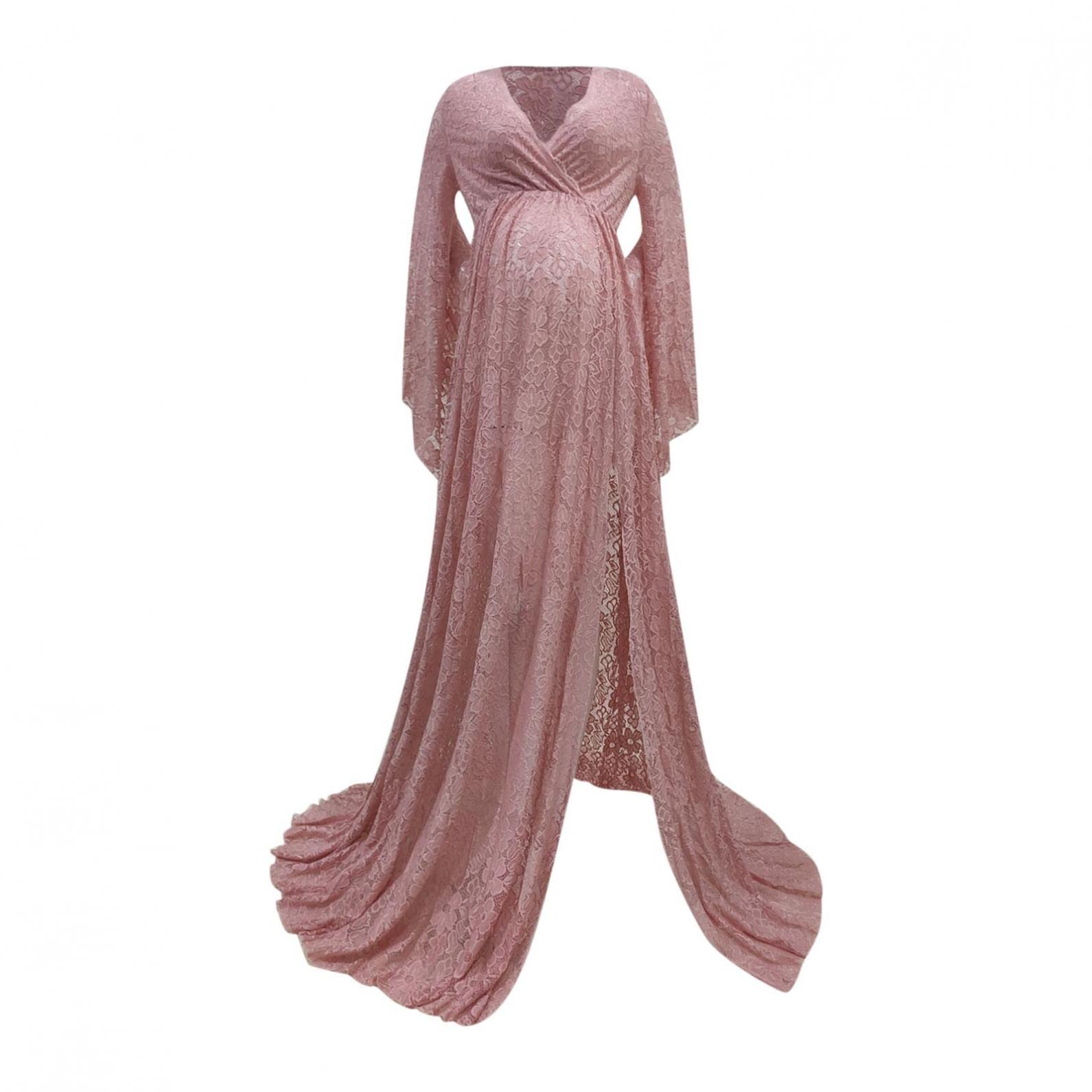 Schwangerschaftskleid Shooting Foto V-Ausschnitt Ausgestellte Ärmel Spitze Transparent Schwangerschaftskleid Boho Maxi Schwanz-Kleid mit geteiltem Schwanz lockerer Größe
