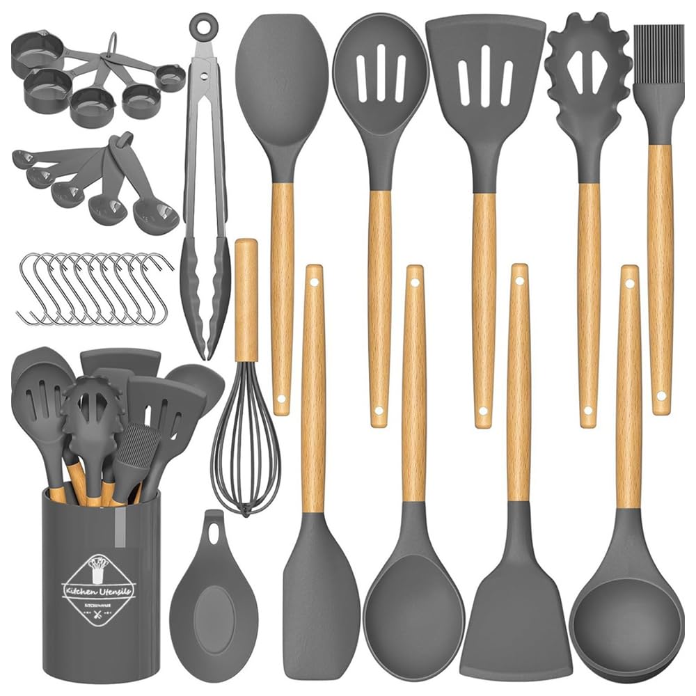 Kitchen Utensil Set, 33 Piece Silicone Cooking Utensils Heat Resistant Kitchen Tools, Non-Stick Baking Cooking Spoon Tools (33 Piece Gray)