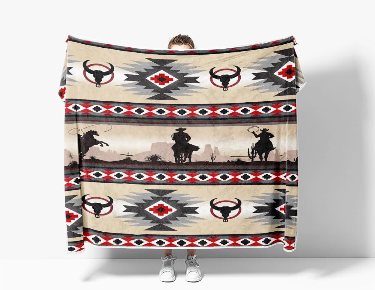 Southwestern Throw Blankets,Bull Skull Aztec Native American Pattern Tribal Navajo Boho Cozy Warm Bed Couch Blanket, Western Cowboy Geometric Fleece Flannel Throws to Decorate the Room and Bedroom