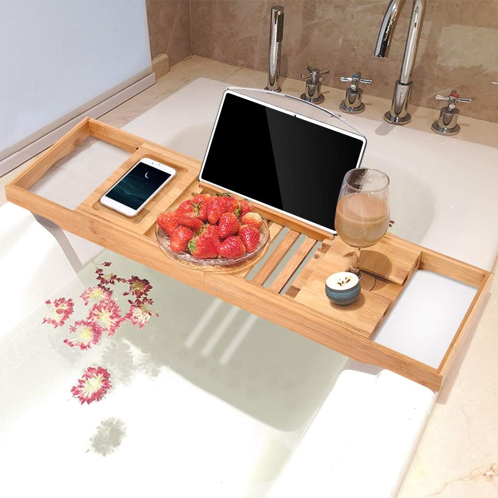 Bathtub Tray Bamboo Bath Caddy Tray, Extendable Bamboo Bath Tray with