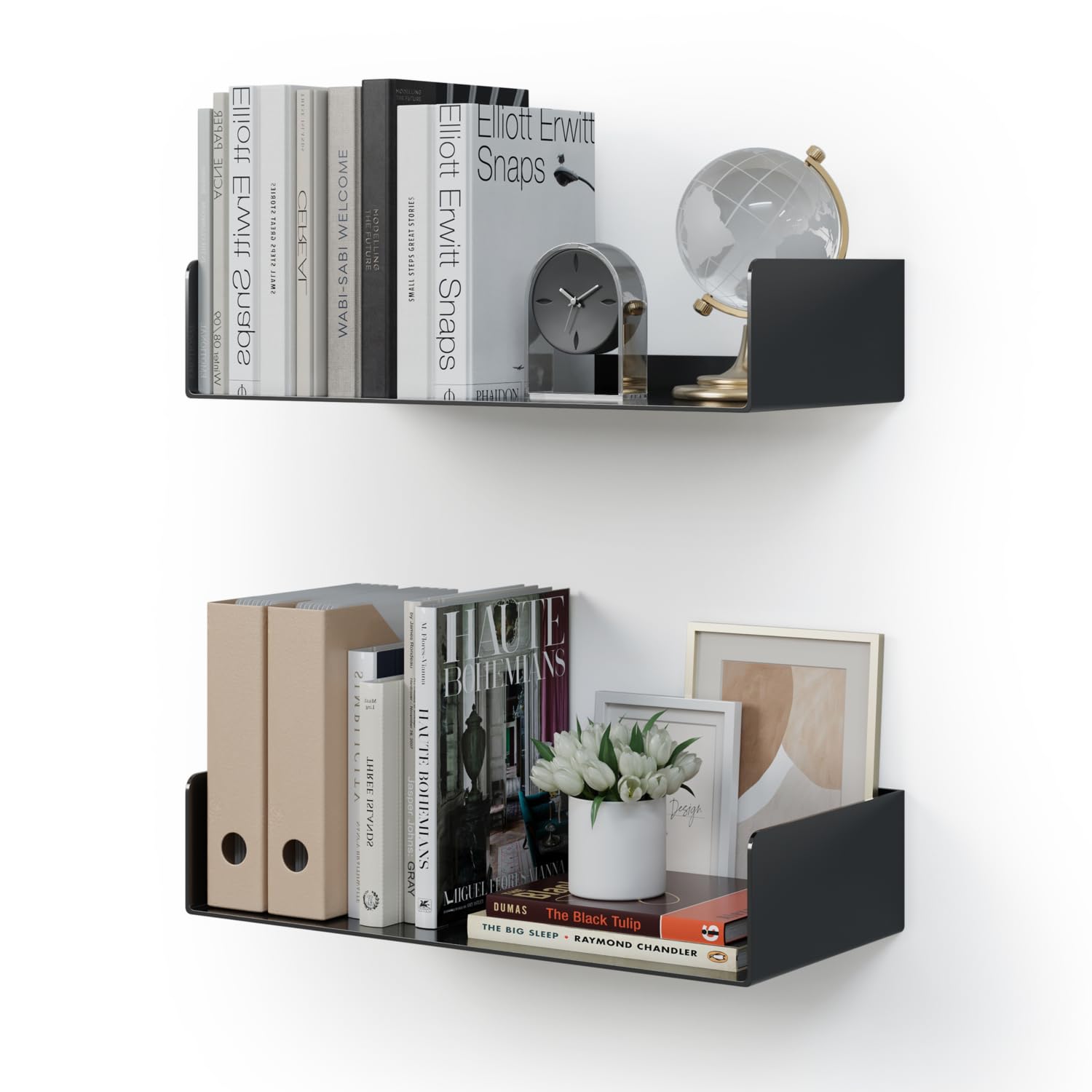 CASSA KIVO Wall Mounted Metal U-Shaped Floating Book Shelves for Wall Set of 2, 43cm x 20cm Shelf, Bookshelf for Bedroom Living Room Office Bathroom Kitchen Modern (Black)