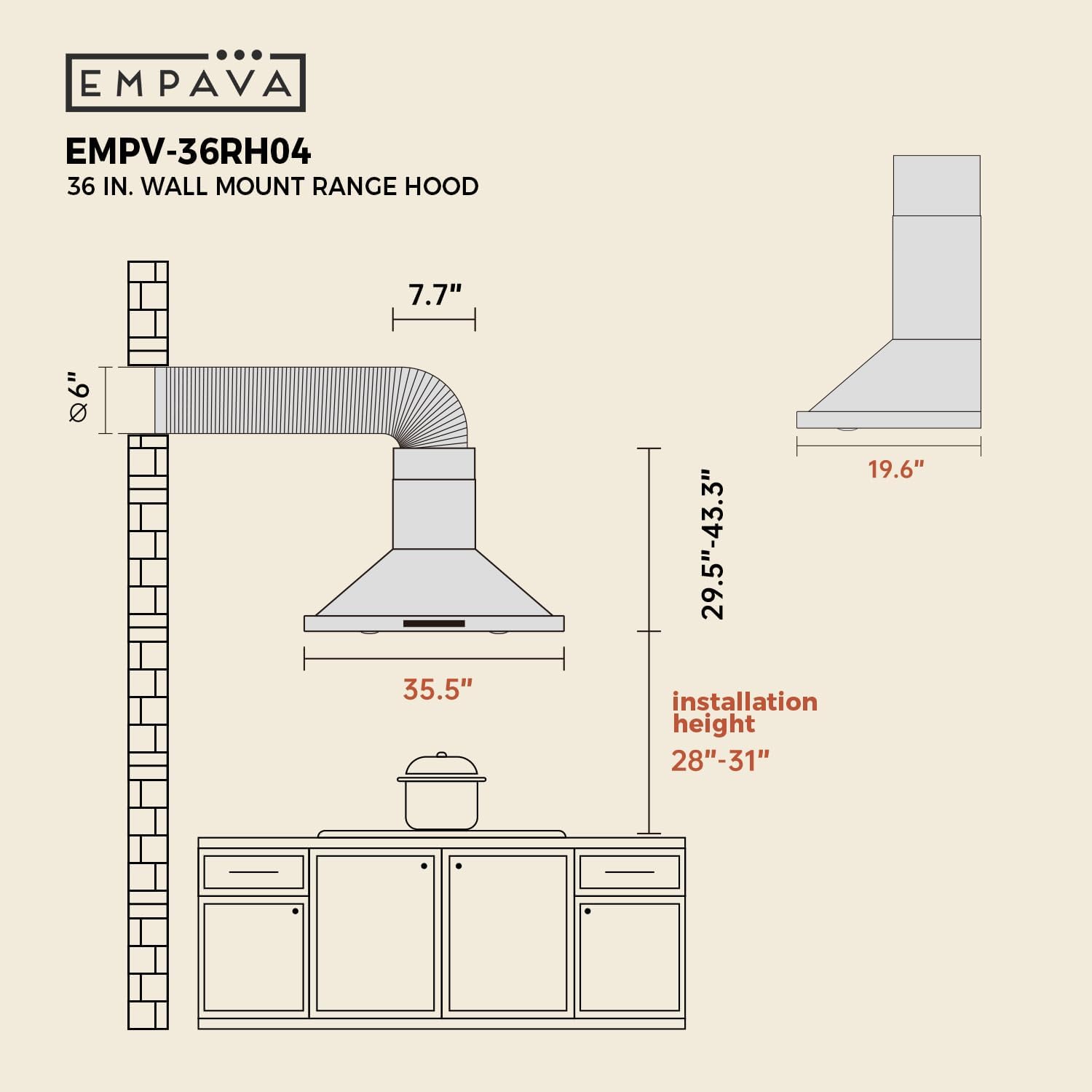 Empava Ducted/Ductless Wall Mount Range Hood 36 Inch, Kitchen Exhaust Stove Vent with Sealed Aluminum Motor, Touch & Remote Control, 3-Speed, 380 CFM, Stainless Steel (Charcoal-Filter Sold Separately)