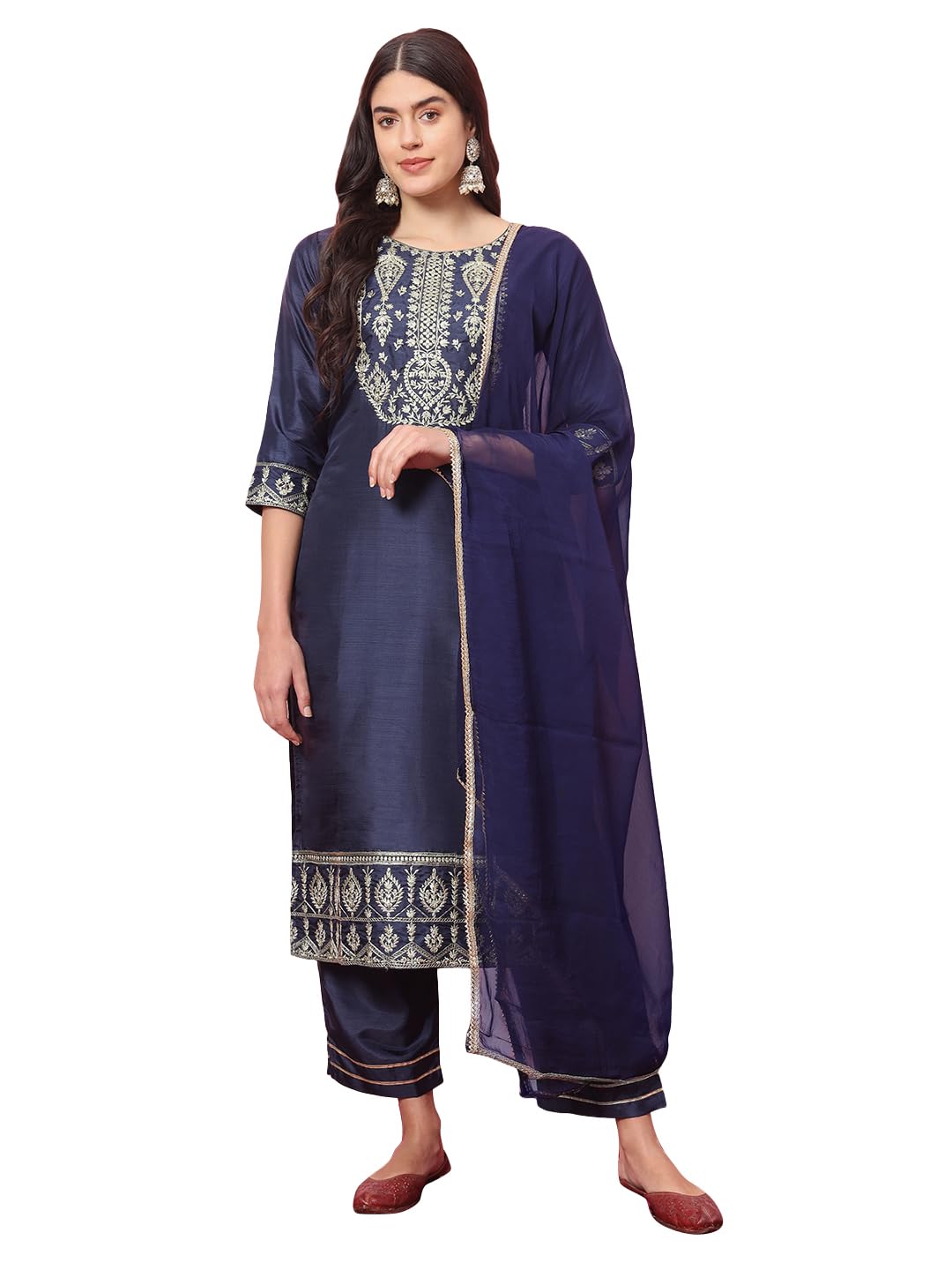 VredeVogel Women's Silk Blend Embroidered Kurta with Pant & Nazmin Dupatta Set