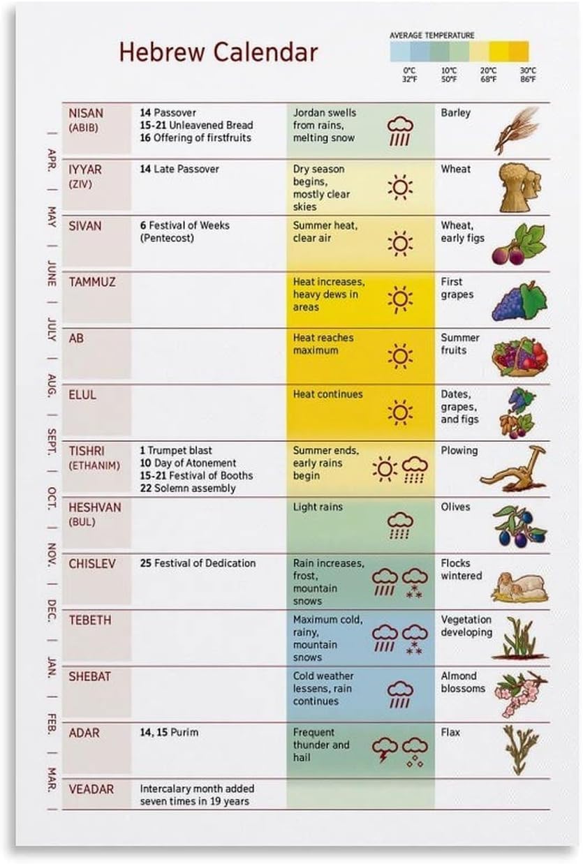 TFHISTRZGV Jewish Holidays Poster Hebrew Calendar Months Festivals Rosh Hashanah Passover Purim Educational Wall-Art Decor(Unframed,16X24inch(40X60cm))