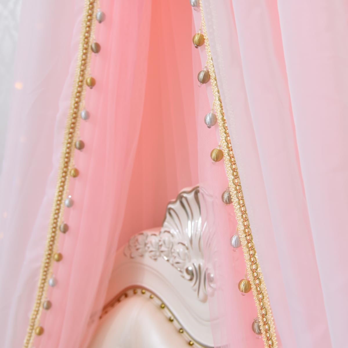 Girl Bed Curtain Princess Crown Room Decor Bedside Yarn Net Romantic Princess Tents Bed Canopy Valance (Light Pink)