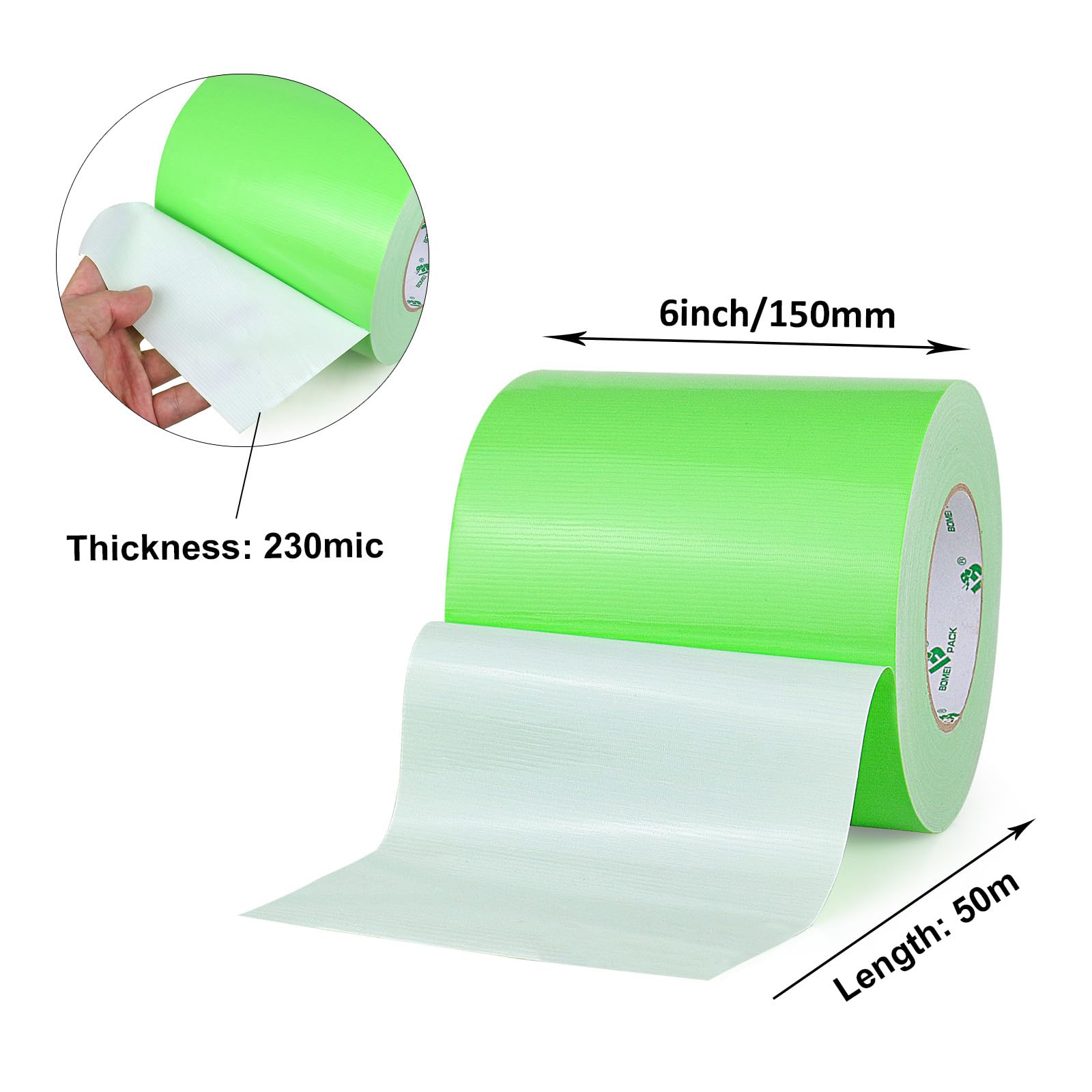 BOMEI PACK Cinta adhesiva de tela verde claro, 150 mm x 50 m, reforzada, resistente al agua, cinta adhesiva resistente para fijar reparaciones, manualidades, etiquetado, cajas de sellado para trabajos