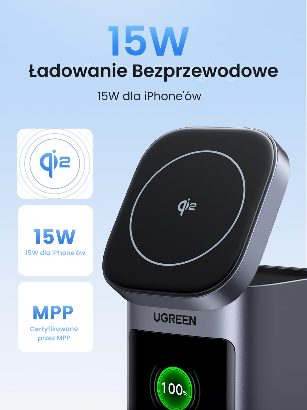 UGREEN Nexode Pro Powerbank 20000mAh 145W, z Qi2 15W ład. bezpr. | 2x USB-C+1x USB-A, ładowanie bezprzewodowe dla iPhone, port USB-C max. 100W, wyświetlacz TFT, do podróży/biura