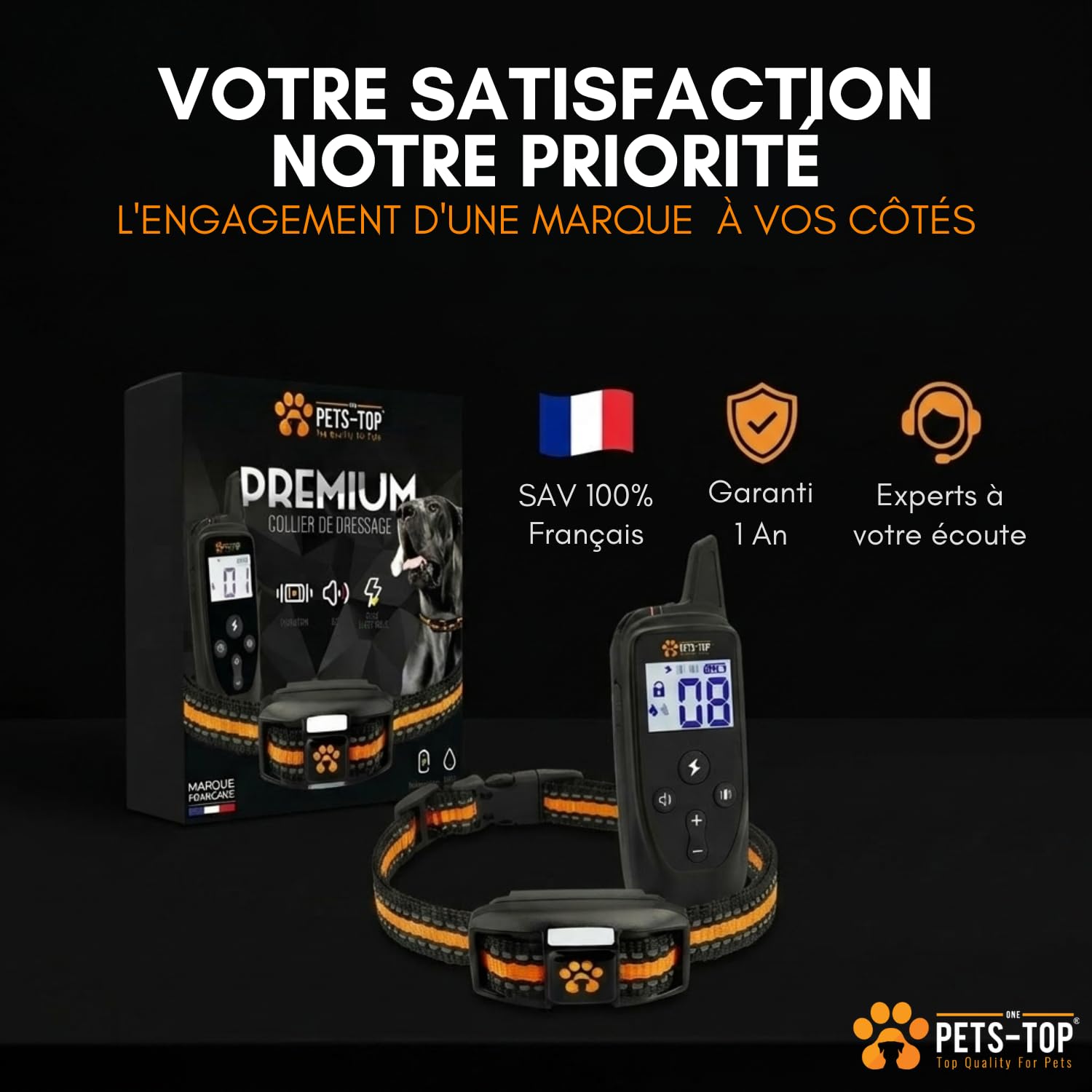 One PETS-TOP Collier De Dressage pour Chien, Portée de 3000m, Mode Vibration, Son, Choc Statique de 0 à 99, IPX67 Résistant à L’Eau, Petit et Gros Chien, Anti-aboiement
