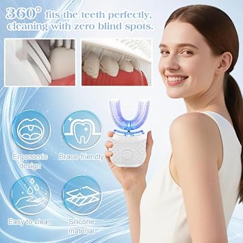 U-Shaped Toothbrush, Fully Automatic U-Shaped Sonic Toothbrush, 360° Deep Cleaning, 3 Cleaning Modes, LED Blue Light, Fully Automatic Waterproof Oral Care