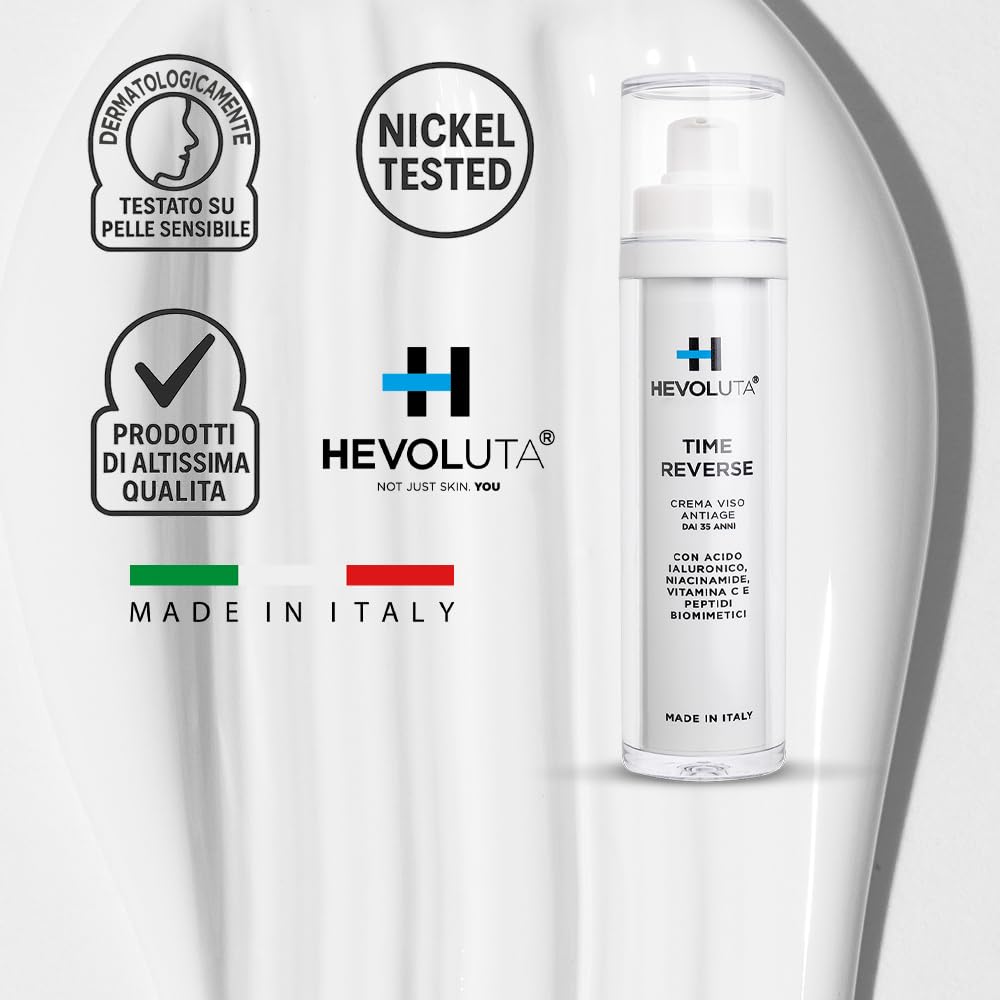 Hevoluta Time Reverse, Crema Viso Pelli Mature, Idratante Antiage, 50 ml | Antirughe con Peptidi Biomimetici Vitamina C, Niacinamide, Acido Ialuronico, Giorno e Sera, Made in Italy