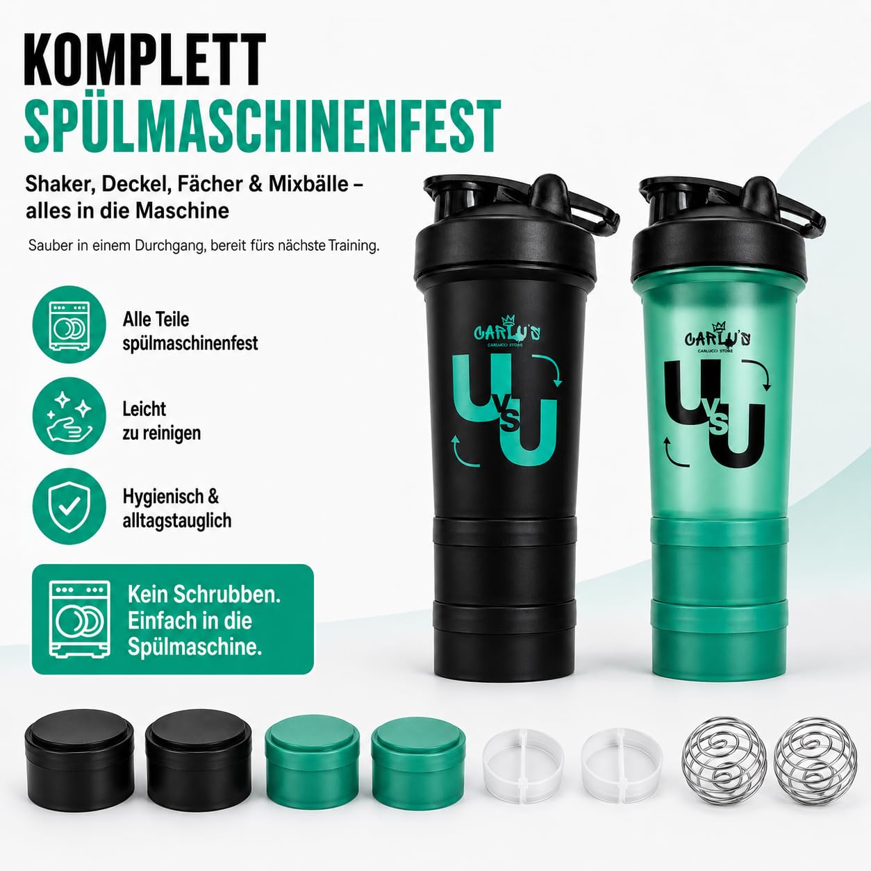 Carlu's Set di 2 shaker per proteine da 500 ml, 4 contenitori per polveri, 2 sfere di miscelazione in acciaio inox e 2 organizer per pillole, senza BPA, a prova di perdite, lavabile in lavastoviglie