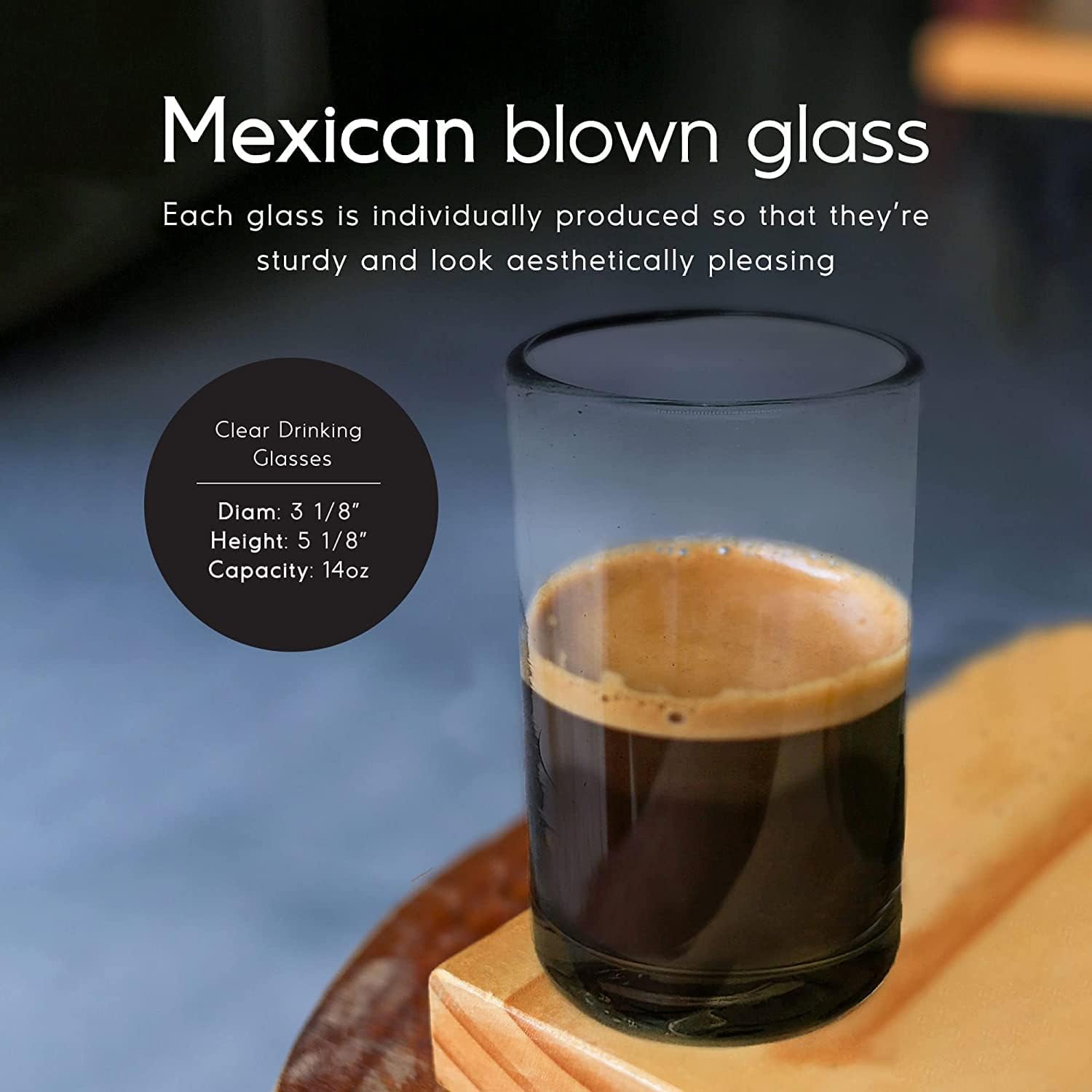 Clear 14 oz Drinking Glasses (Set of 6) - Hand Blown Mexican Glassware Recycled Glass Drinking Glasses for Water, Juice, Margarita, Cocktails & Whiskey, Lead-Free Toxin Free